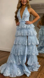 Halter V-Neck Appliques Ruffles Long Prom Dresses
