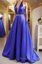 Halter V Neck Backless Blue Long Prom Dresses with Belt, Backless Blue Formal Evening Dresses
