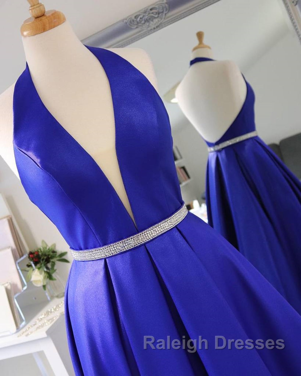 Halter V Neck Backless Blue Prom Dress Long with Belt Backless Blue Prom Dress Secondary image