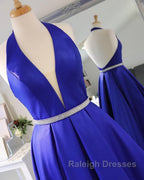 Halter V Neck Backless Blue Prom Dress Long with Belt Backless Blue Prom Dress