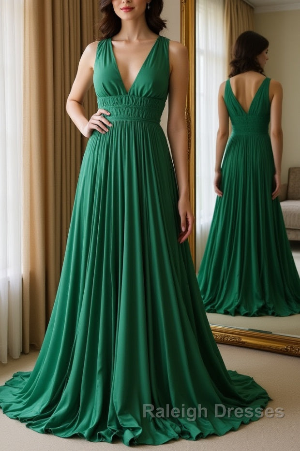 Halter V Neck Backless Emerald Green Satin Long Prom Dress, Backless Emerald Green Formal Graduation Evening Dress Main image