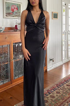 Halter V-Neck Prom Dresses Pleated Satin Sleeveless Long Prom Party Dress
