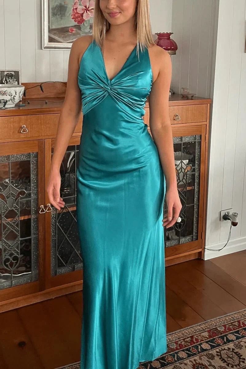 Halter V-Neck Prom Dresses Pleated Satin Sleeveless Long Prom Party Dress Secondary image