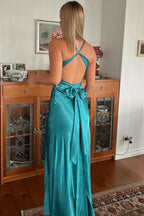 Halter V-Neck Prom Dresses Pleated Satin Sleeveless Long Prom Party Dress