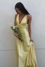 Halter V-Neck Prom Dresses Pleated Satin Sleeveless Long Prom Party Dress