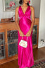 Halter V-Neck Prom Dresses Pleated Satin Sleeveless Long Prom Party Dress