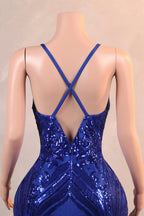 Halter V-Neck Royal Blue Sequin Sparkle Feathers Prom Dresses