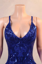 Halter V-Neck Royal Blue Sequin Sparkle Feathers Prom Dresses