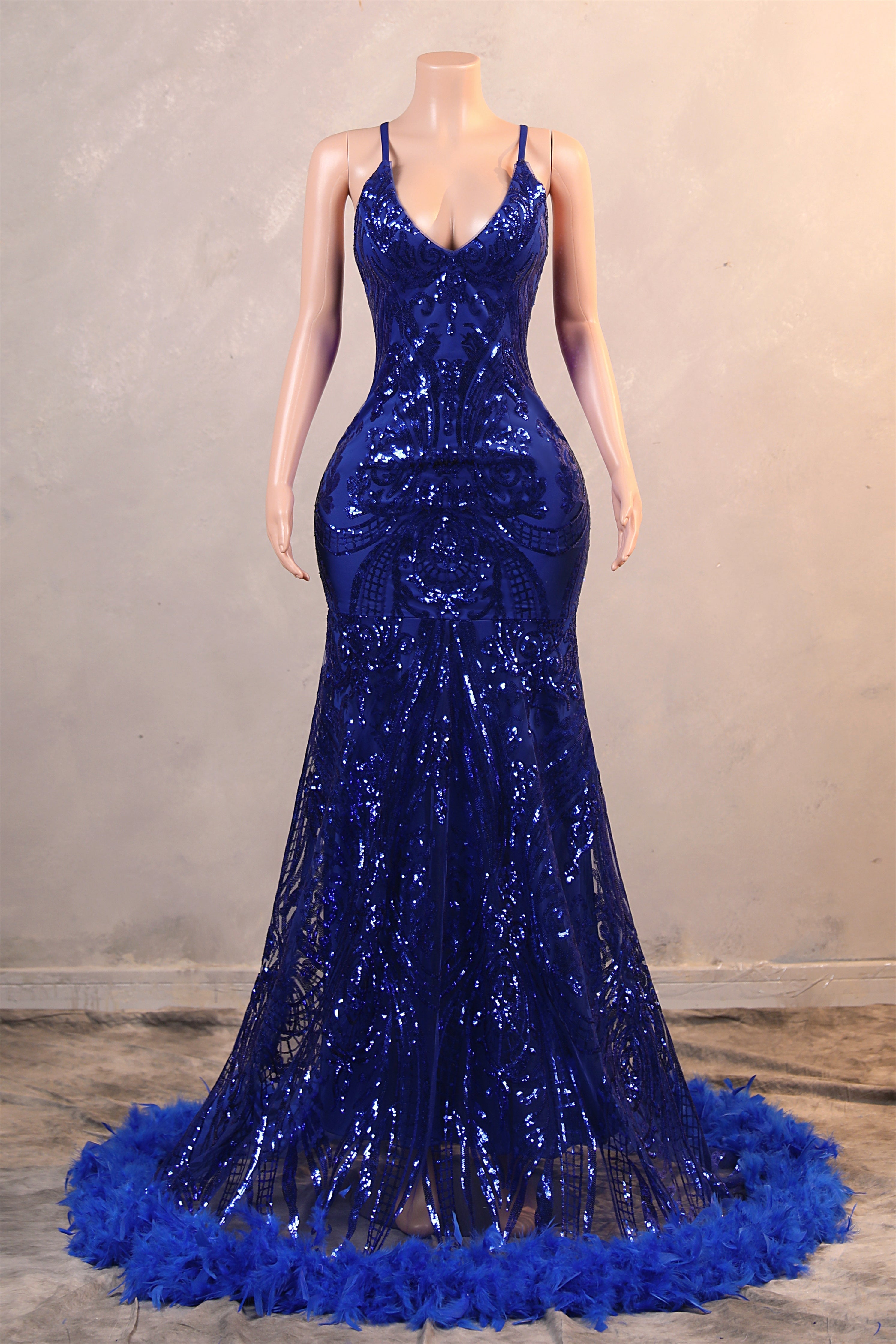 Halter V-Neck Royal Blue Sequin Sparkle Feathers Prom Dresses Main image