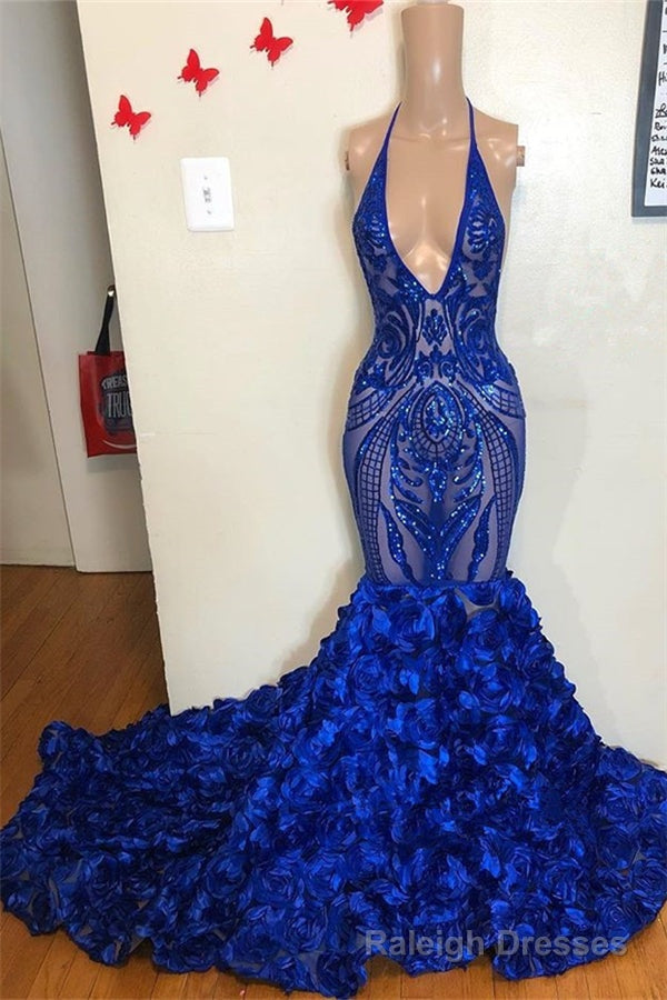 Halter V Neck Sequins Flower Button Mermaid Prom Dresses Main image