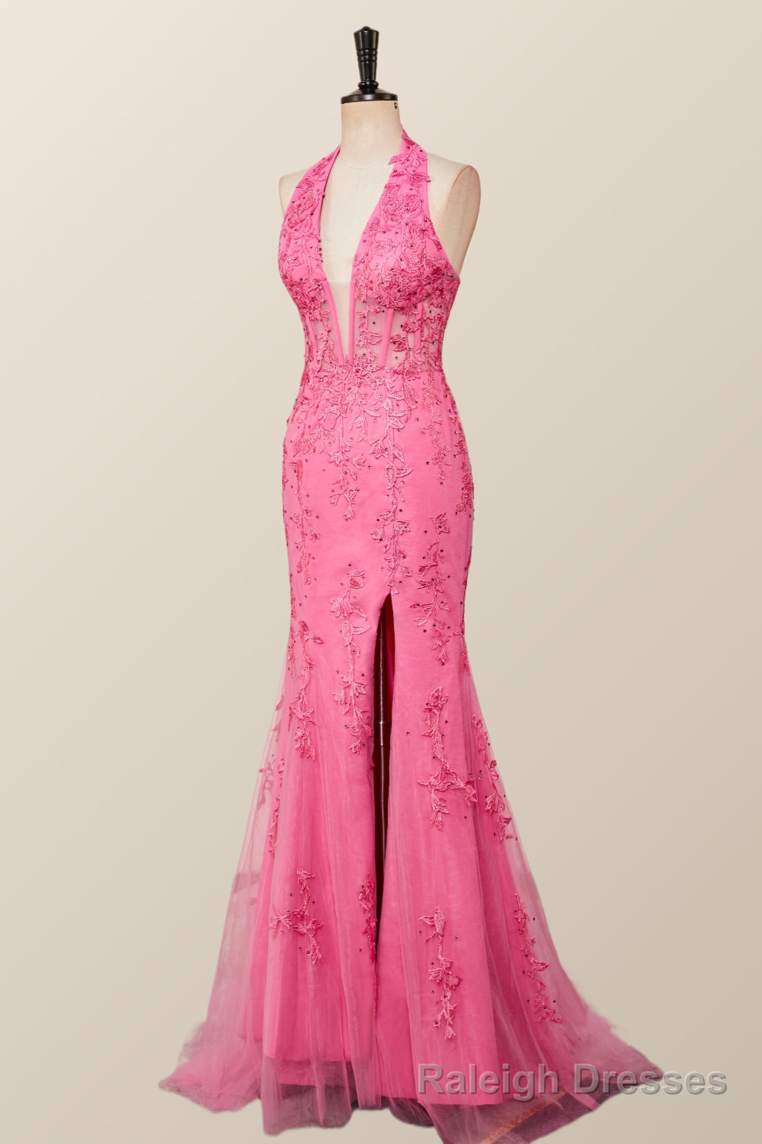 Halter Fuchsia Yellow Lace Mermaid Prom Dress Main image