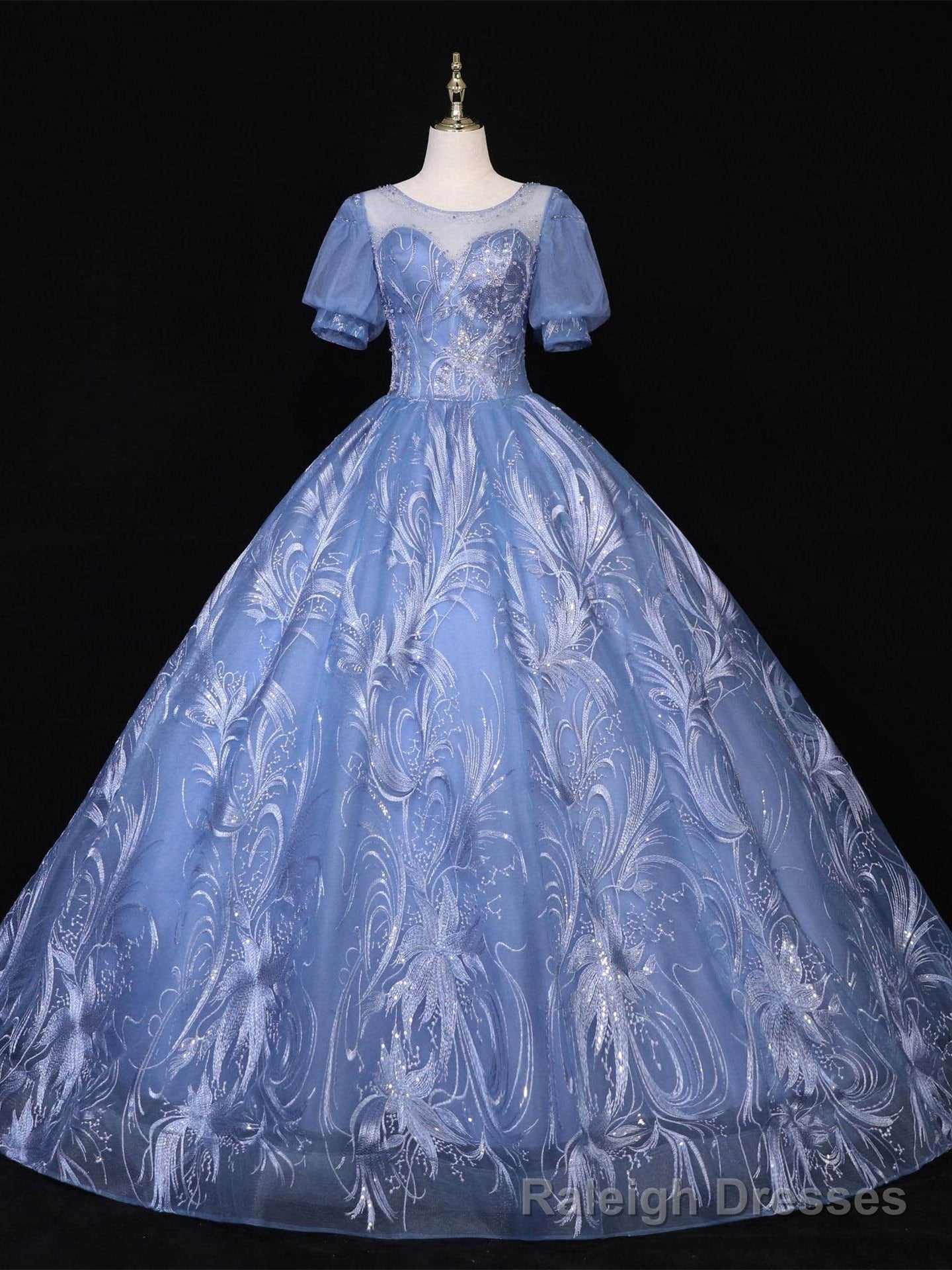 Haze Blue Tulle Sequins Puff Sleeve Quinceanera Dress Main image