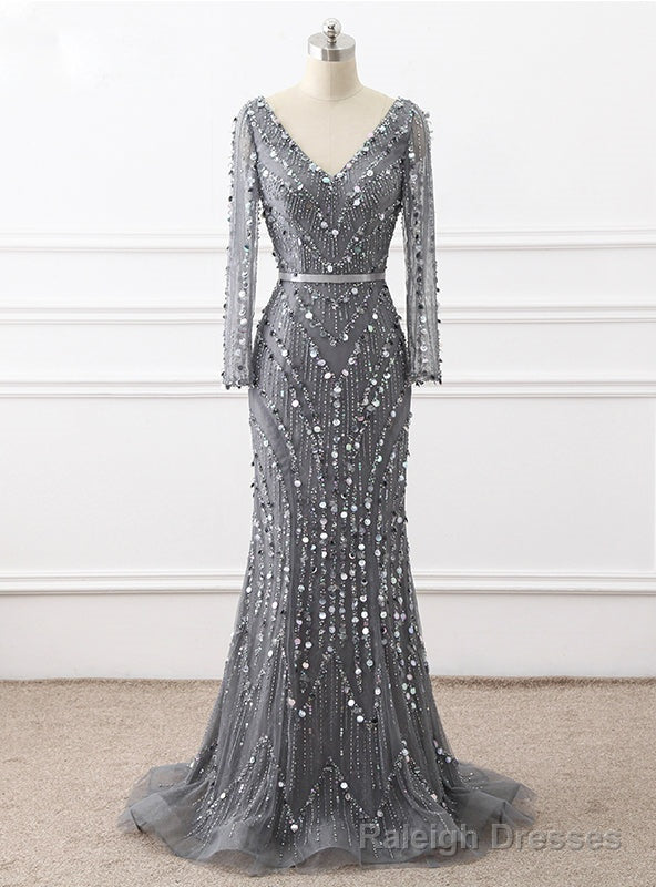 Heavy Beading Handmade Mermaid Long Sleeve Sexy V Neck Prom Prom Gowns Main image