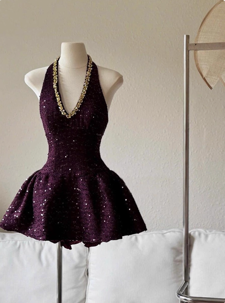 Heavy Diamond Purple Sequined Halter Neck A-Line 19Th Birthday Homecoming Dress