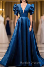 Blue V Neck Satin Short Sleeves Long Prom Dress Blue Satin Evening Dress