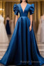 Blue V Neck Satin Short Sleeves Long Prom Dress Blue Satin Evening Dress