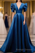 Blue V Neck Satin Short Sleeves Prom Dresses Long Blue Satin Prom Dresses