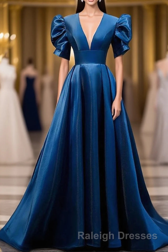 Blue V Neck Satin Short Sleeves Prom Dresses Long Blue Satin Prom Dresses