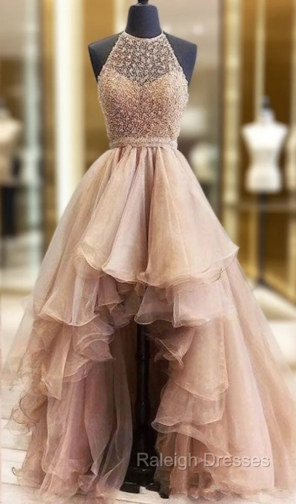 Hi Low Robe De Soiree Ball Gown High Collar Organza Lace Pearls Sexy Long Prom Dresses Prom Gown Evening Dresses Main image