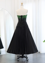 High-End Black And Green Color-Block A-Line Strapless Sequin Satin Long Formal Prom Dress