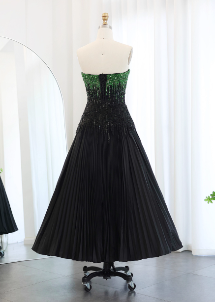 High-End Black And Green Color-Block A-Line Strapless Sequin Satin Long Formal Prom Dress