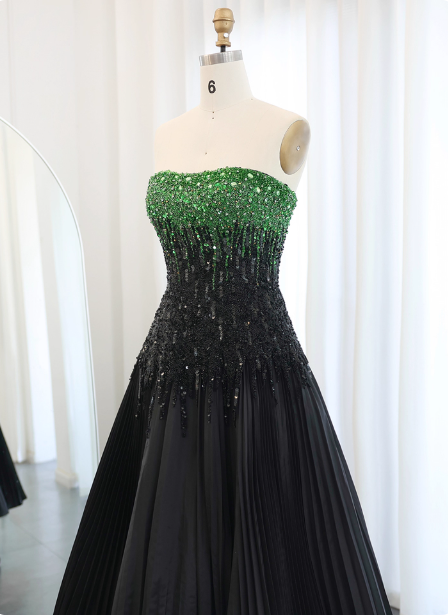High-End Black And Green Color-Block A-Line Strapless Sequin Satin Long Formal Prom Dress