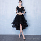High Low Black V-Neckline Short Sleeves Homecoming Dress, Black Prom Dress
