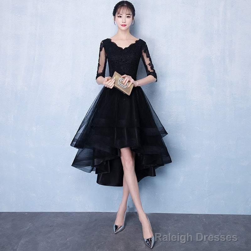 High Low Black V-Neckline Short Sleeves Homecoming Dresses Black Prom Dresses