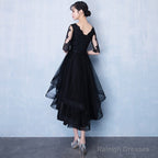 High Low Black V-Neckline Short Sleeves Homecoming Dress, Black Prom Dress