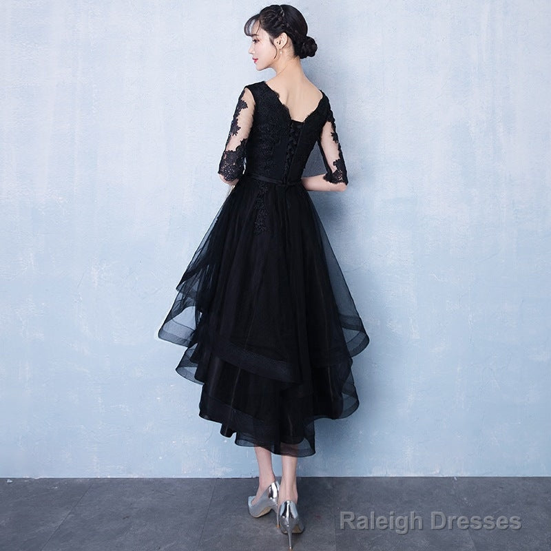 High Low Black V-Neckline Short Sleeves Homecoming Dresses Black Prom Dresses