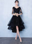 High Low Black V-Neckline Short Sleeves Homecoming Dress, Black Prom Dress