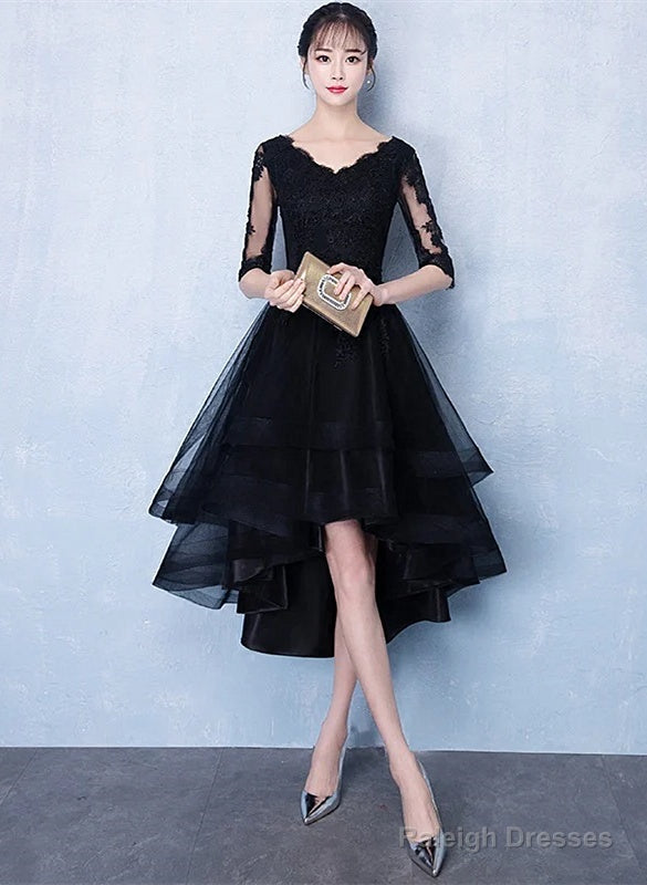 High Low Black V-Neckline Short Sleeves Homecoming Dresses Black Prom Dresses Main image