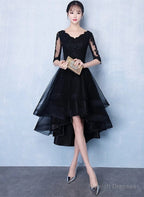 High Low Black V-Neckline Short Sleeves Homecoming Dresses Black Prom Dresses