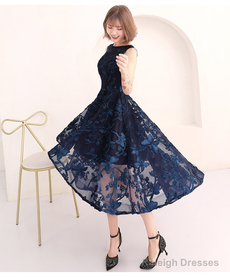 High Low Navy Blue Lace Bridesmaid Dresses Round Neckline Prom Dresses Secondary image