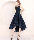 High Low Navy Blue Lace Bridesmaid Dress, Round Neckline Party Dress