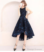 High Low Navy Blue Lace Bridesmaid Dresses Round Neckline Prom Dresses