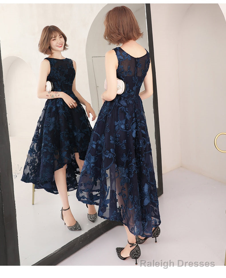 High Low Navy Blue Lace Bridesmaid Dresses Round Neckline Prom Dresses