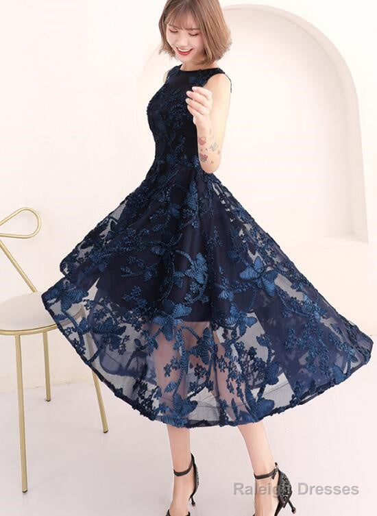 High Low Navy Blue Lace Bridesmaid Dress, Round Neckline Party Dress