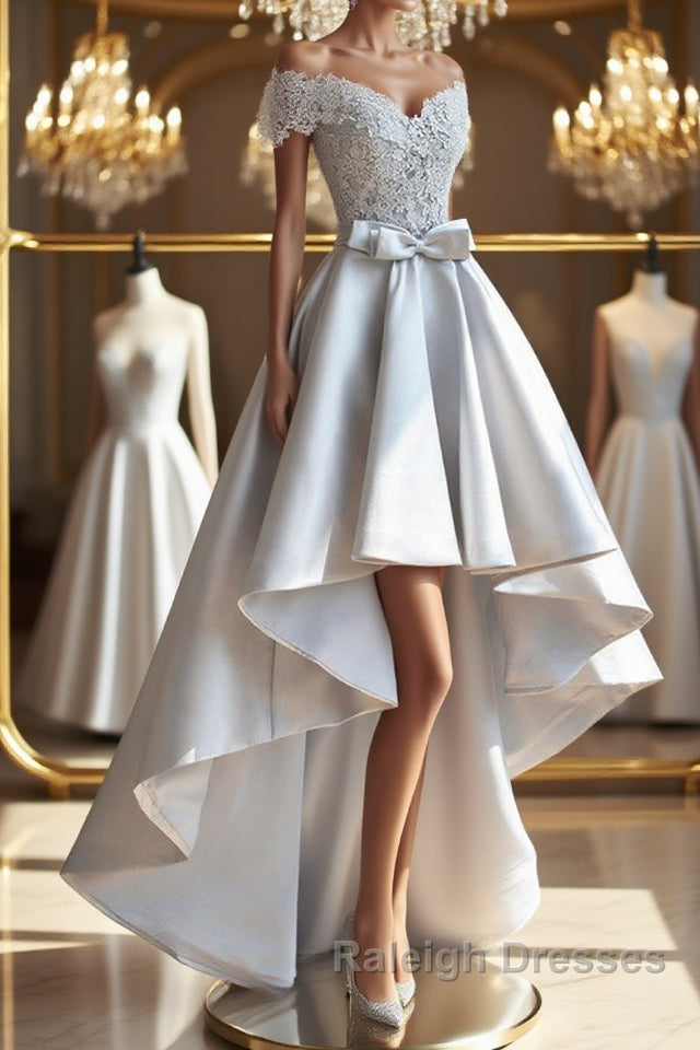 High Low Off Shoulder Gray Lace Prom Dress, Off the Shoulder Gray Homecoming Dress, Gray Lace Formal Evening Dress Main image