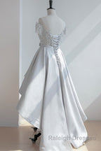 High Low Off Shoulder Gray Lace Prom Dress, Off the Shoulder Gray Homecoming Dress, Gray Lace Formal Evening Dress