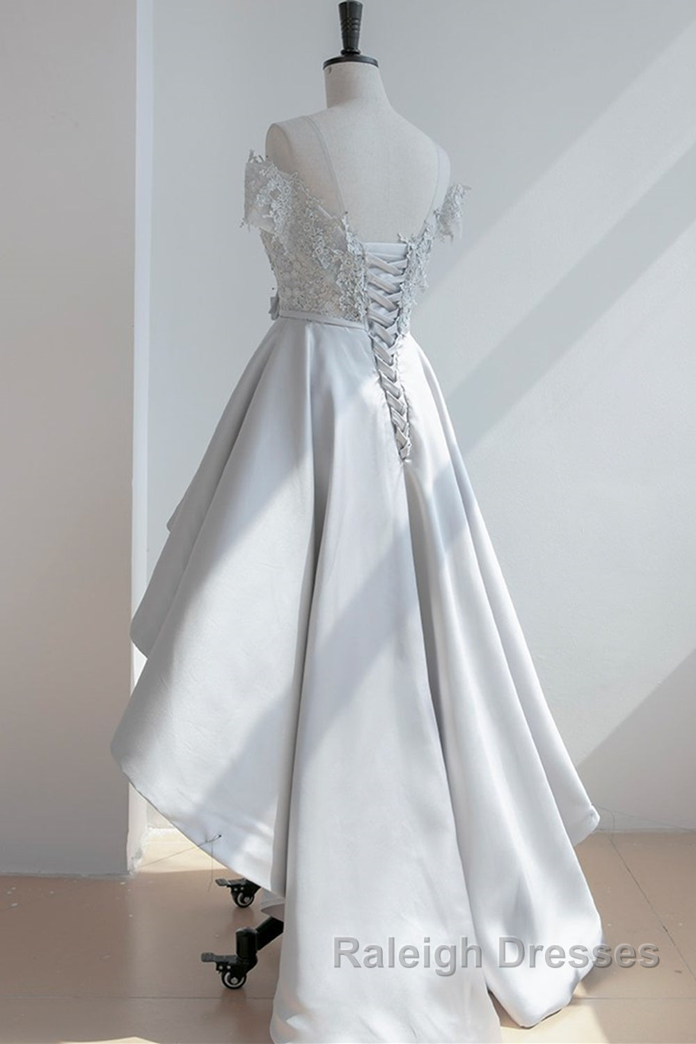 High Low Off Shoulder Gray Lace Prom Dress, Off the Shoulder Gray Homecoming Dress, Gray Lace Formal Evening Dress