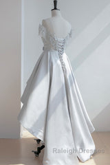 High Low Off Shoulder Gray Lace Prom Dress, Off the Shoulder Gray Homecoming Dress, Gray Lace Formal Evening Dress