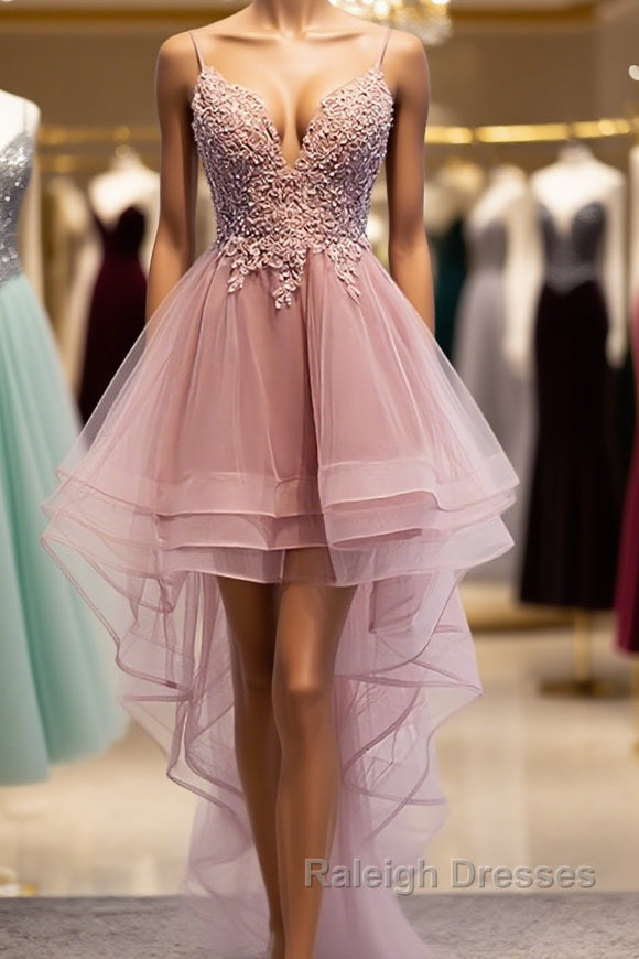 High Low Pink Lace Prom Dress Pink High Low Prom Graduation Homecoming Dress Main image