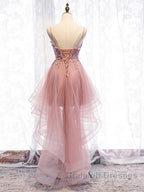 High Low Pink Lace Prom Dresses, Pink High Low Formal Graduation Homecoming Dresses