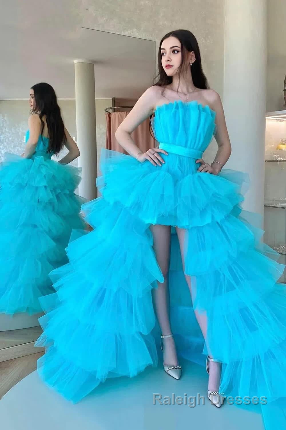 High Low Strapless Sky Blue Long Prom Dress with Criss Cross Back Main image