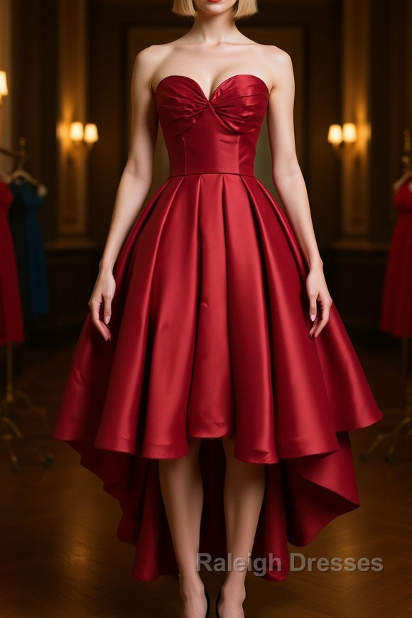 High Low Sweetheart Neck Strapless Backless Satin Red Prom Dresses, Red Graduation Dresses, Red Backless Formal Evening Dresses Main image