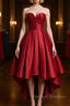 High Low Sweetheart Neck Strapless Backless Satin Red Prom Dresses, Red Graduation Dresses, Red Backless Formal Evening Dresses