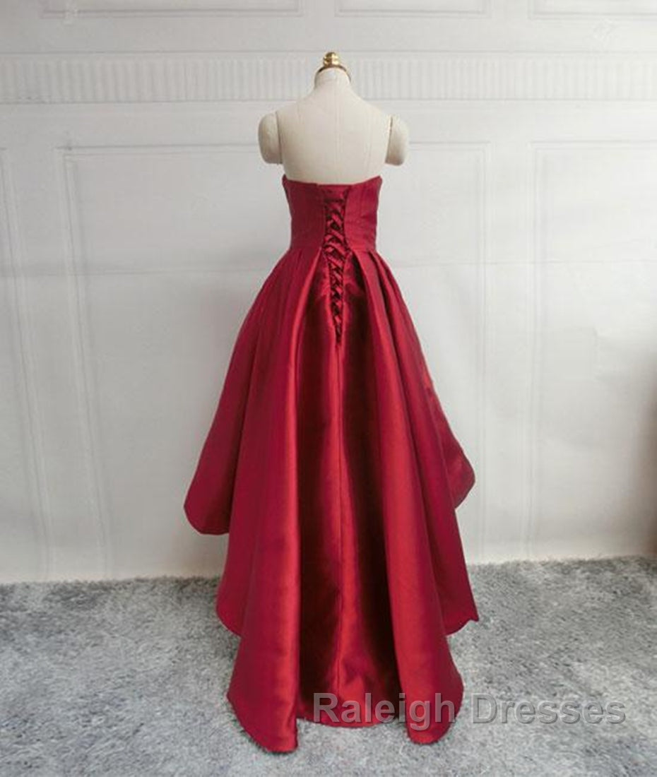 High Low Sweetheart Neck Strapless Backless Satin Red Prom Dresses, Red Graduation Dresses, Red Backless Formal Evening Dresses Secondary image