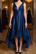High Low V Neck Blue Satin Prom Dresses, Open Back Blue Formal Dresses, Blue Evening Dresses