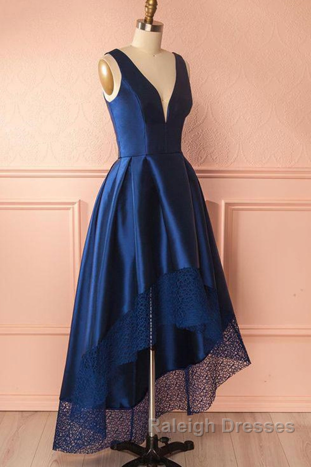 High Low V Neck Blue Satin Prom Dress Open Back Blue Prom Dress Blue Prom Dress Secondary image